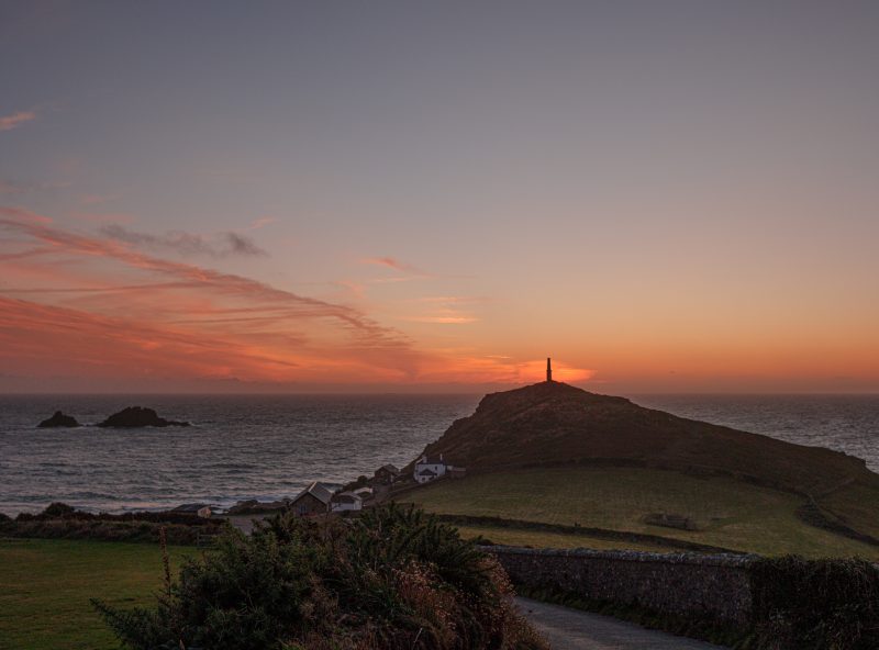 After sunset sky behind the Cape Cornwall Mine stack from Cape Cornwall Road